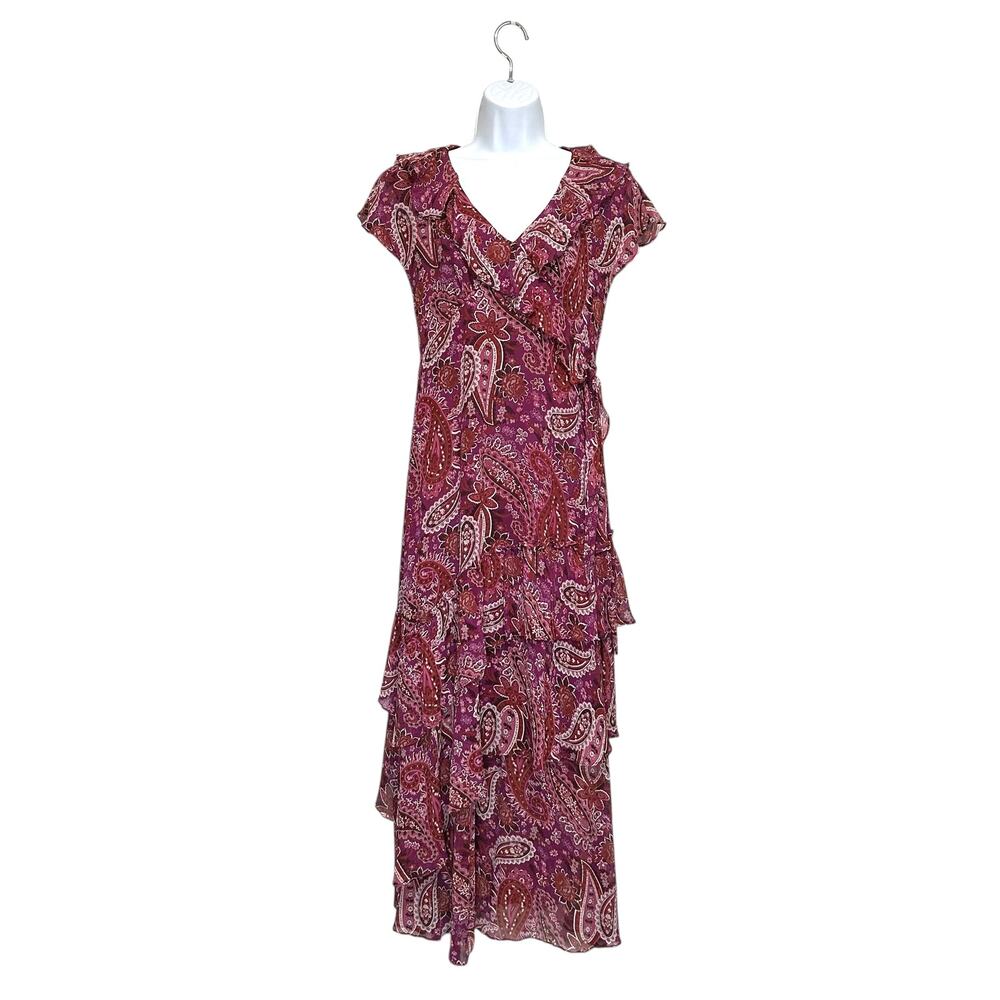 Sundance Samba Silk Floral Paisley Maxi Dress Women's Sz 4P Pink Tiered Elegant